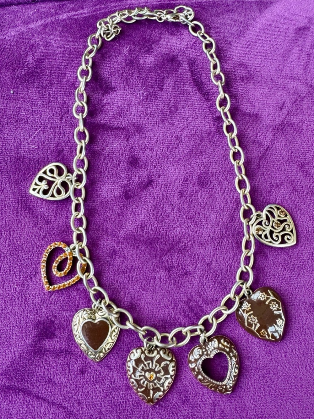 Silver Heart Charm Necklace with Brown Enamel and Rhinestone Accents